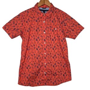 Tommy Hilfiger Boys Orange Blue Pineapples Short Sleeve Button Shirt Size Large